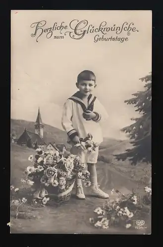 Foto Junge Matrosenanzug Blumenkorb ,Geburtstag, Bergenbrück /Ostpreussen 1.3.27