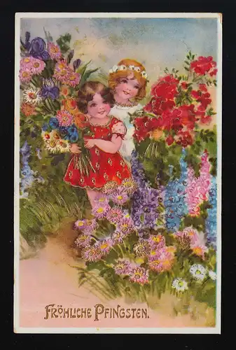 Fille dans un champ coloré plein de fleurs, Joyeuse Pentecôte, Poste de champ 8.5.40
