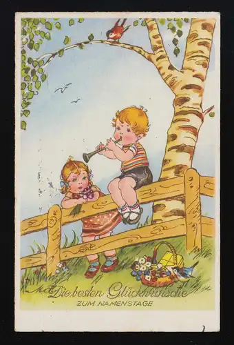 Garçon assis sur la clôture joue flûte, fille écoute le nom, Nuremberg 17.3.1941