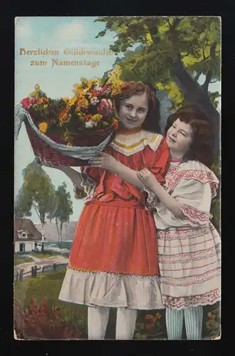 Mädchen bunten Kleider, tragen Blumenkorb, Namenstag, Weikersdorf um 1910