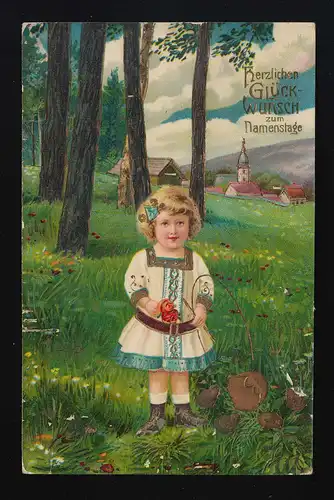 Mädchen auf Wiese sammelt Blumen Bäume Dorfidylle, Namenstag, München 12.6.1910