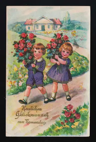 blonde Kinder lila Anzug + Kleid bringen Rosen, Namenstag, Altshausen 16.10.34