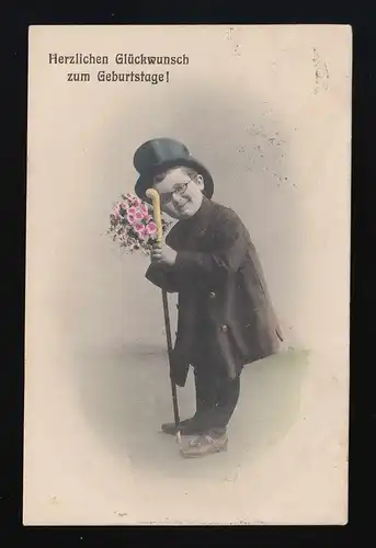 Foto Junge im Anzug + Zylinder Gehstock Blumen, Geburtstag, Verden 20.10.1908
