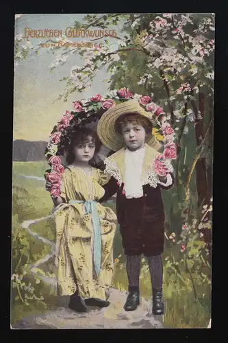 Photo AK Enfants en tenue fixe, arc de rose, jour de nom, pieds 12.9.09