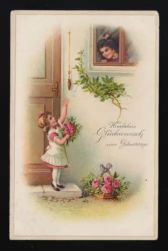Mädchen bringt ihrer Freundin rosa Rosen, Glückwunsch Geburtstag gel. 2.3.1918