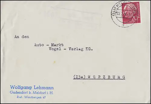 Le temple de Gudendorf de Landpost sur MELDORF (HOLSTEIN), lettre 22.7.58 à Würzburg