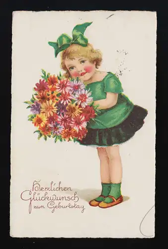 bl. Mädchen schwarz grünes Kleid Blumen Glückwunsch Geburtstag Tönning 27.8.1934