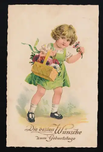 Filles robe verte bast panier Fleurs vœux anniversaire, Nordenham 27.8.1932
