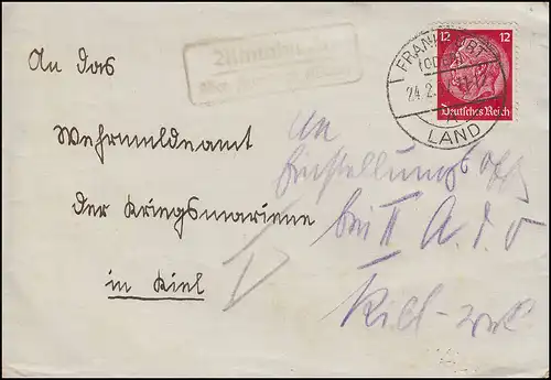 Templier de la poste de campagne Altmahlisch sur FRANKFURT (OU) PAYS, lettre 24.2.37 n. Kiel