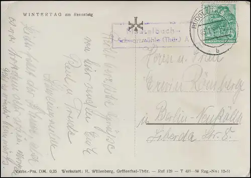 Landpost-Stempel Meuselbach-Schwarzmühle (Thür.) A, RUDOLSTADT 3.1.60 auf AK