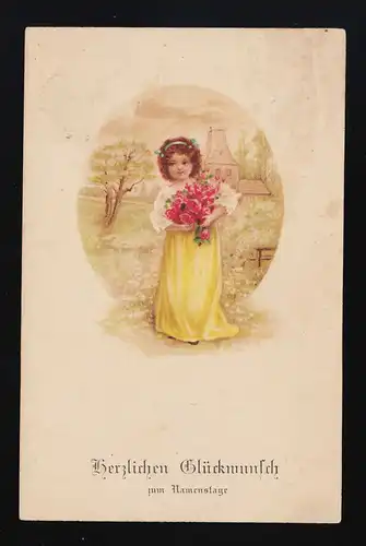 Fille dans le jupe jaune + chemisier blanc Fleurs, Félicitations Nom Assenberg1915