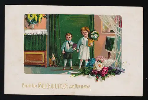 Kinder mit Blumen & Spielzeug in Stube Glückwunsch Namenstag, Kraiburg 1.12.1917