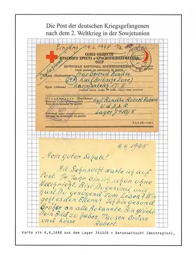 Poste de prisonniers de guerre carte de camp 7410/8 Baranovitchi URSS Kiel 14.6.1948
