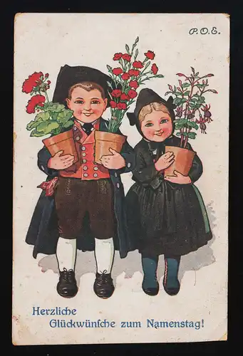 Les jeunes & filles en costumes apporter des pots de fleurs, Félicitations Nom, 8.4.1921