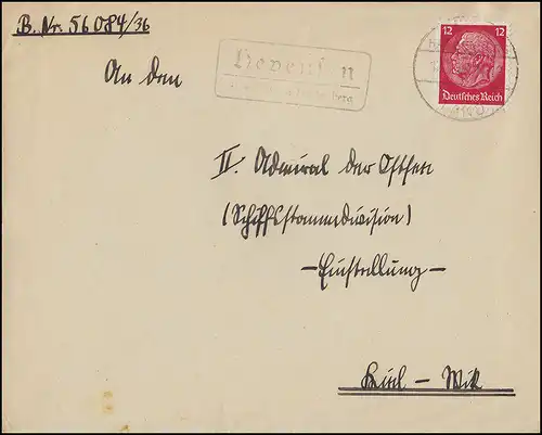 Landpost-Stempel Bevensen über NÖRTEN-HARDENBERG LAND, Brief 12.4.37 nach Kiel
