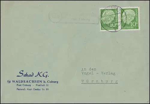 Landpost-Stempel Waldsachsen über COBURG 2.4.58, Brief mit 183 als Paar