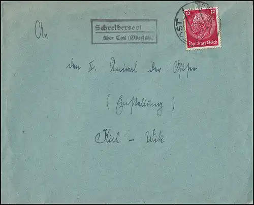Templier de la poste de campagne Scribersort sur TOST (OPERSCHLÉSIE), lettre janvier 1937