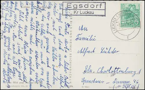 Landpost-Stempel Egsdorf Kr. Luckau, LUCKAU (NIEDERLAUSITZ) 1.12.62, AK Calau 