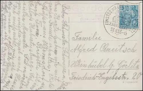 Landpost-Stempel Gorden über FINSTERWALDE (NIEDERLAUSITZ) SSt. 23.8.55 auf AK
