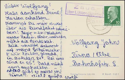 Landpost-Stempel Zaue über LÜBBEN (SPREEWALD) 5.8.63, AK Goyatz / Schwielochsee