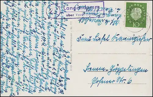 Landpost-Stempel Langendamm über VAREL (OLDENBURG) 7.9.59 auf passender AK