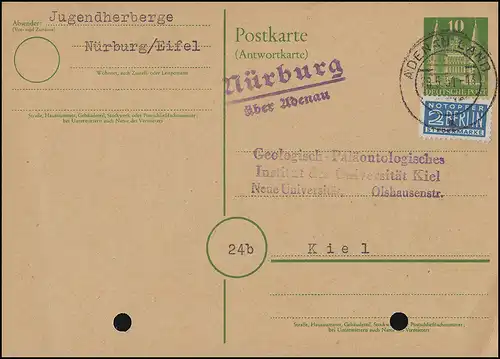 Landpost-Stempel Nürburg über ADENAU (LAND) 28.5.51 auf Antwort-PK P 4A