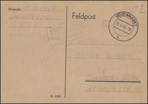 Landpost-Stempel Lanzendorf über NEUENMARKT 26.4.46 Postkarte Gebühr-bezahlt-O