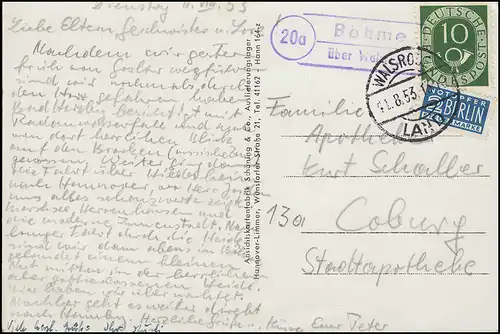 Landpost-Stempel Böhme über WALSRODE LAND 11.8.53 auf AK Hannover Herrenahausen