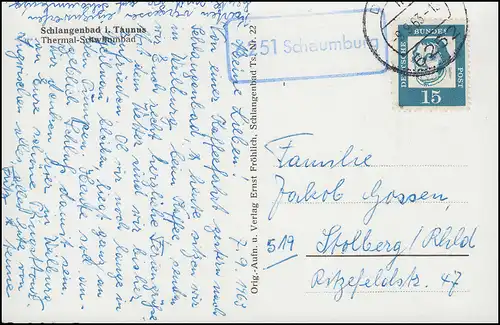 Le temple de Landpost 6251 Schaumburg, Diez 9.9.63 sur AK Spinnerbad dans le Taunus