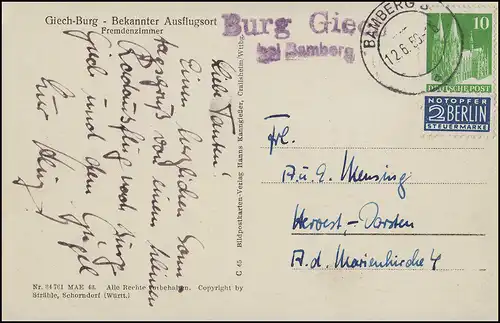 Landpost-Stempel Burg Giech bei BAMBERG 12.6.50 mit Notopfer auf passender AK