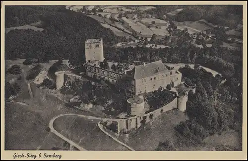 Landpost-Stempel Burg Giech bei BAMBERG 12.6.50 mit Notopfer auf passender AK
