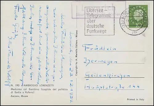 Landpost-Stempel Loverich über ALSDORF (KR. AACHEN) 23.12.59 auf AK Modonna