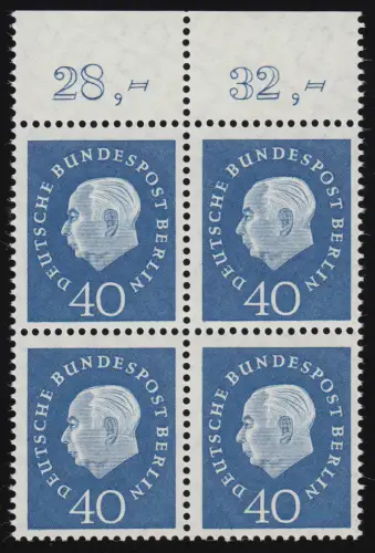 185 Heuss 40 Pf OR-Quaterbl. ** Postfraîchissement