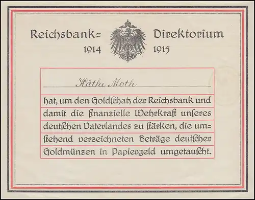 Beleg: Reichsgoldmünzen sind in Papiergeld umgetauscht worden, München 9.3.16