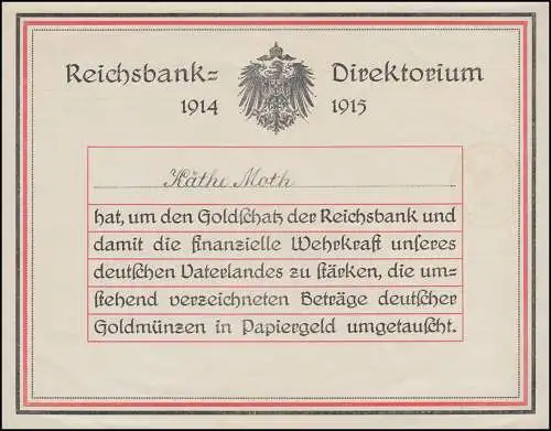 Beleg: Reichsgoldmünzen sind in Papiergeld umgetauscht worden, München 9.3.16