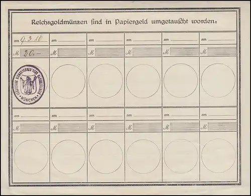 Beleg: Reichsgoldmünzen sind in Papiergeld umgetauscht worden, München 9.3.16