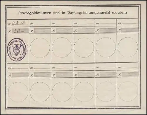 Preuve: Pièces d'or Reichs ont été échangées en monnaie papier, Munich 9.3.16