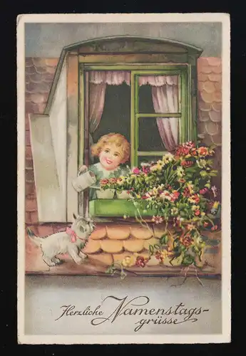 Mädchen gießt Blumen am Fenster, Hund auf dem Dach, Namenstag, Wangen 21.6.1938