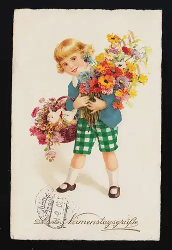 Filles Fleurs bouquets, 2 chiens blancs dans le panier, le nom de Ellwangen 14.7.1930