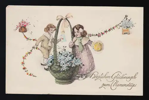 Enfants avec corbeille géante Fleur Girlanden Ruban jour de nom, couru 25.7.1912