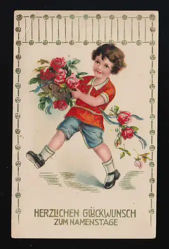 Enfant en hâte avec bouquet de roses, Félicitations nom, Giesenfeld 8.3.1932