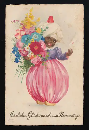 Artiste AK sign.Hannes Petersen, Gratulant Fleurs orientales, Munich 18.3.28