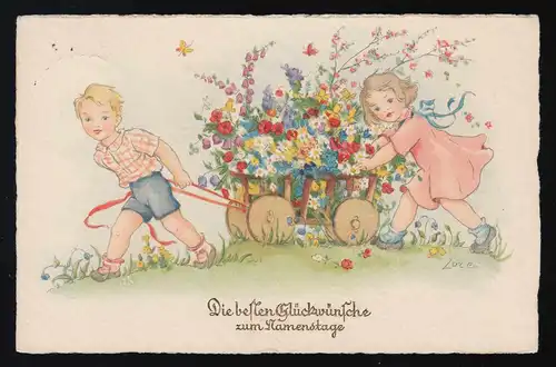 Kinder ziehen Holzwagen voll Sommerblumen signiert Lore, Namenstag, Köln 3.11.37