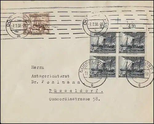 652 WHW O-Quaererblock avec croix de passage avec 651 lettre de ville DÜSSELDORF 7/22.2.38