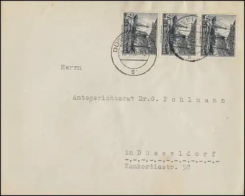 652 WHW 4 Pf senkrechter 3er-Streifen MeF Brief DORTMUND 13.1.38 nach Düsseldorf