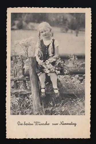 Mädchen Zöpfe Dirndl Feldblumen Strauß Weidezaun, Wünsche Namenstag, ungebraucht