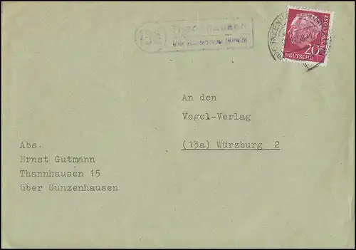 Landpost-Stempel Thannhausen über GUNZENHAUSEN (MITTELFRANKEN), 3.11.58