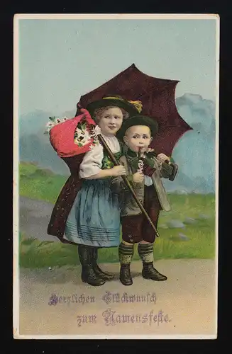 Kinder in Tracht mit Gamsbart Wanderstock /Schirm Namensfest Innsbruck 25.7.1914