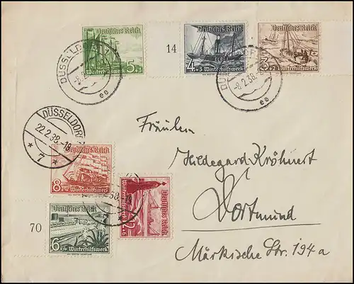 651-656 WHW Schiffe 3 bis 12 Pf auf Brief, 6 Werte, DÜSSELDORF 8.2.1938