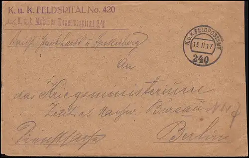 Poste de terrain Timbre de lettres K.u.K. Feldspital 420 sur lettre FELDPOSTAMT 240 - 13.11.17